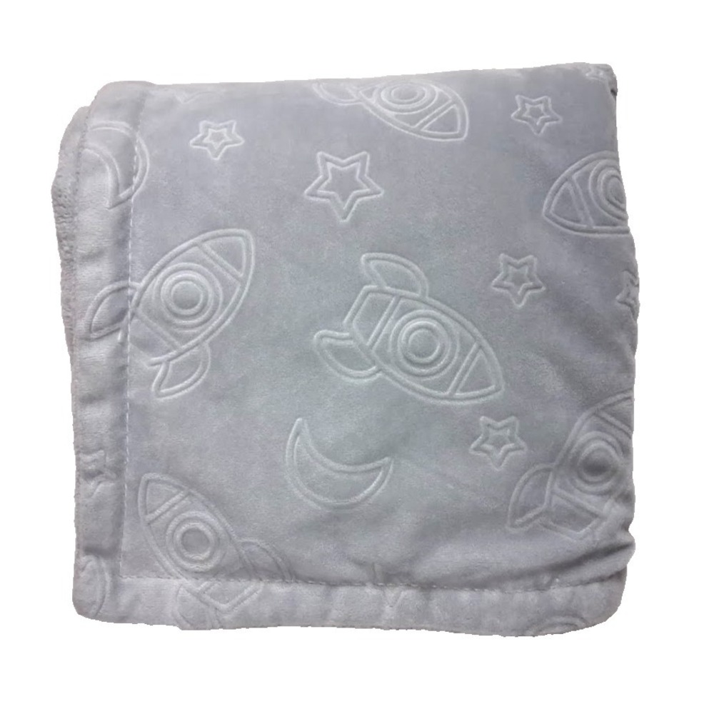 Gray Embossed‎ Rocketship Stars Moon Baby Blanket Solid Soft Plush 30x40 Lovey
